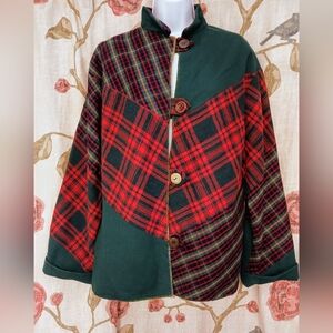 Patchwork plaid wool jacket w/ lining, beautiful homemade, multi style buttons
